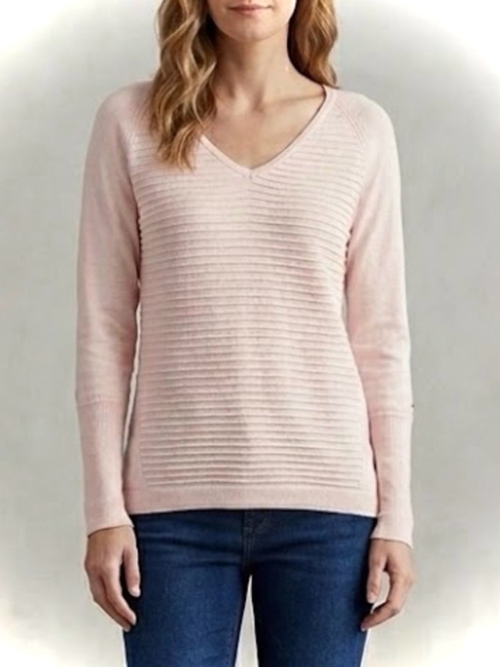 NEW Calia Carrie Underwood Pink Sweater Ribbed Double V-neck Pullover Long Slv M